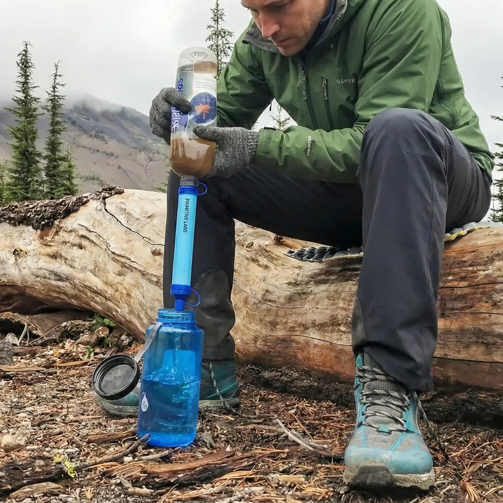 Filtering stream water into a bottle