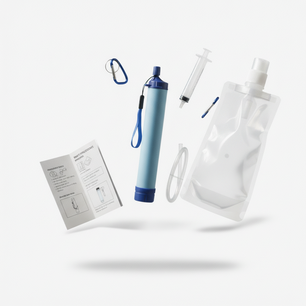 Water filter straw with storage pouch, drinking tube and cleaning syringe