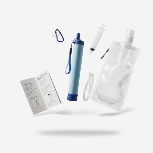 Water filter straw with storage pouch, drinking tube and cleaning syringe