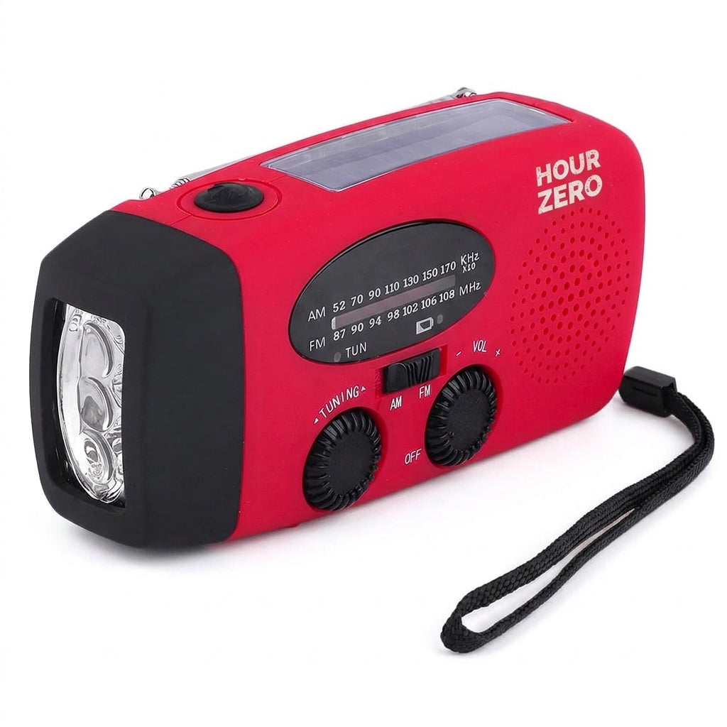 Radio, torch and crank in one unit