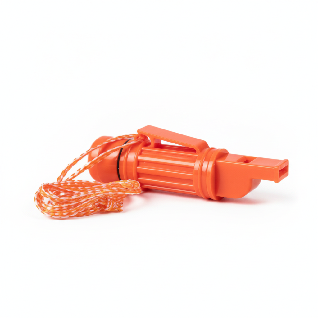 Orange survival whistle with lanyard, studio shot